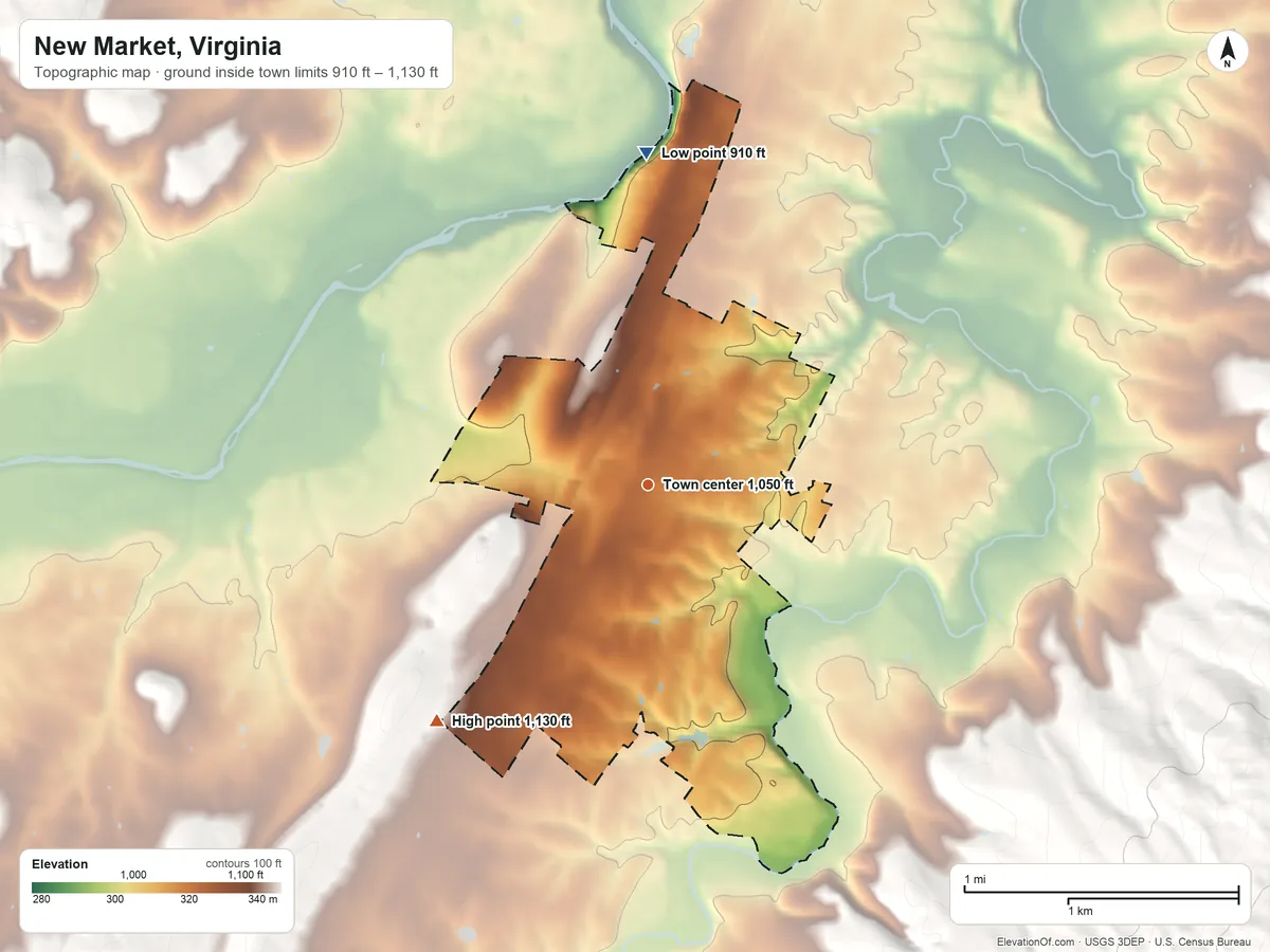 Topographic elevation map of New Market, Virginia, shaded from 910 ft on the north side to 1,130 ft on the southwest side