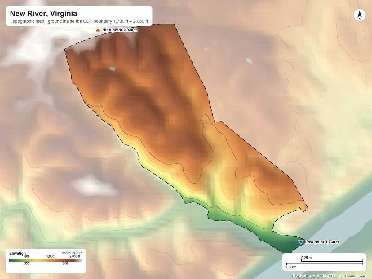 Topographic elevation map of New River, Virginia, shaded from 1,730 ft on the southeast side to 2,030 ft on the northwest side