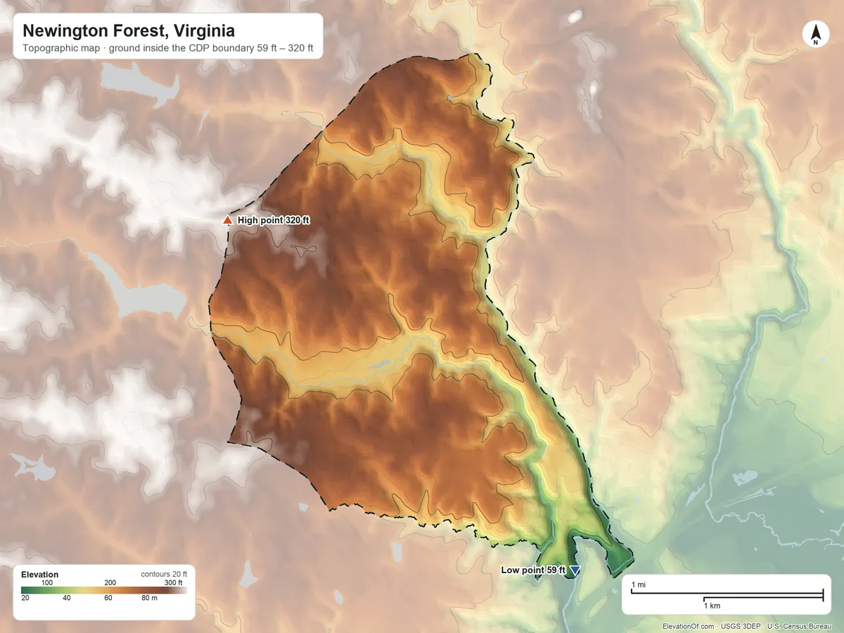 Topographic elevation map of Newington Forest, Virginia, shaded from 59 ft on the southeast side to 320 ft on the northwest side