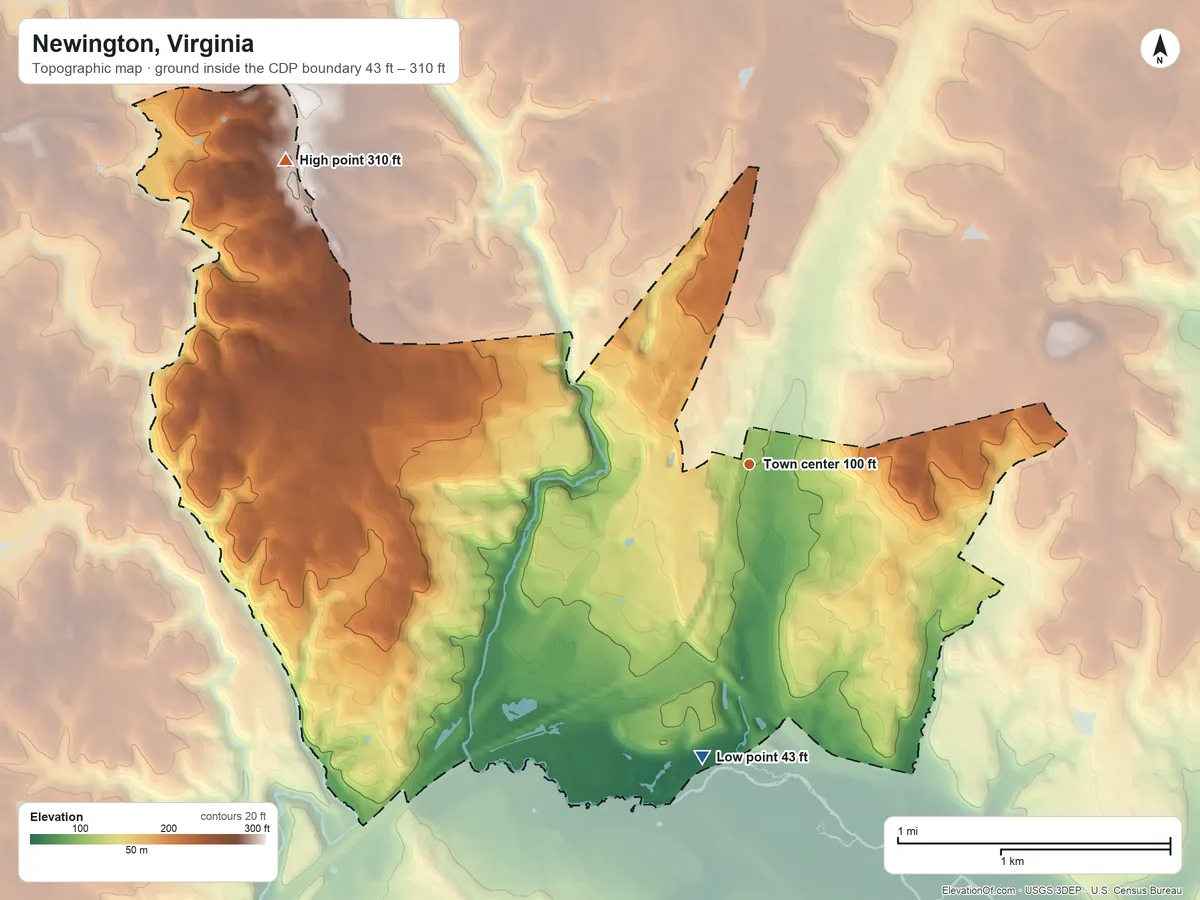 Topographic elevation map of Newington, Virginia, shaded from 43 ft on the south side to 310 ft on the northwest side