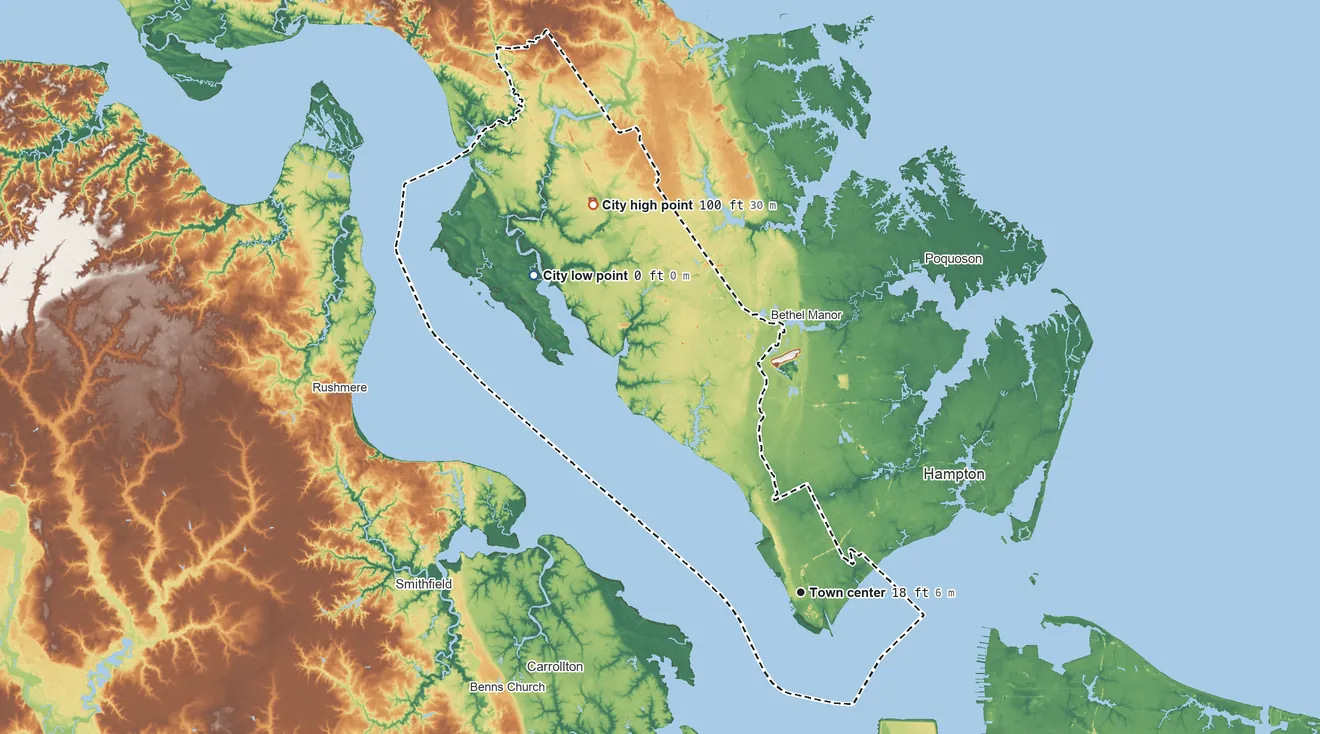 Topographic elevation map of Newport News, Virginia, shaded from 0 ft on the northwest side to 100 ft on the northwest side
