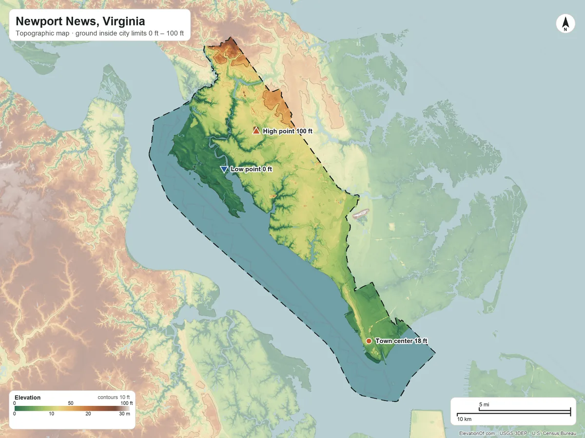 Topographic elevation map of Newport News, Virginia, shaded from 0 ft on the northwest side to 100 ft on the northwest side
