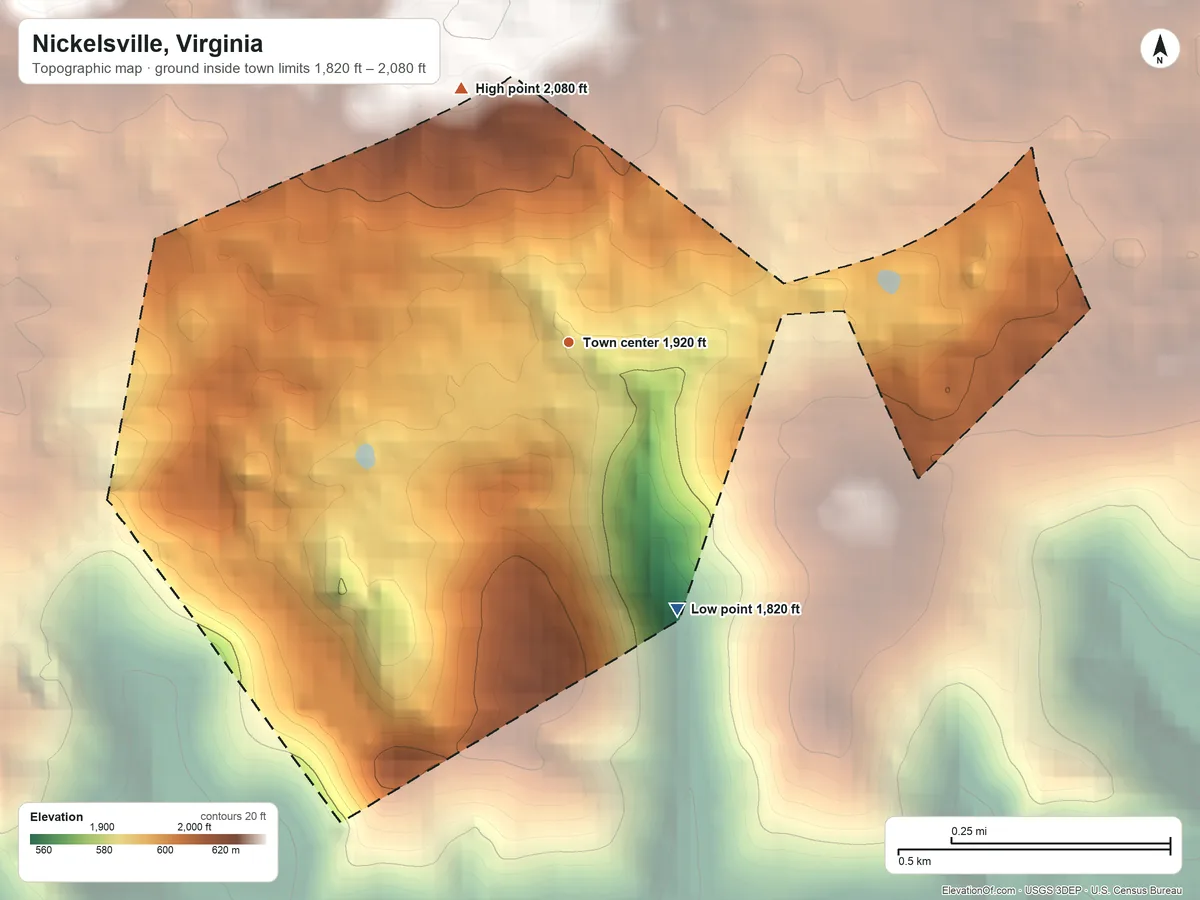 Topographic elevation map of Nickelsville, Virginia, shaded from 1,820 ft on the south side to 2,080 ft on the northwest side