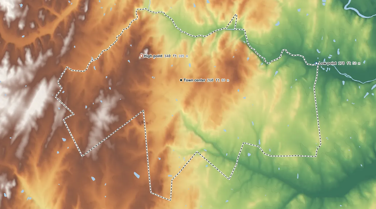 Topographic elevation map of Nokesville, Virginia, shaded from 170 ft on the east side to 340 ft on the northwest side