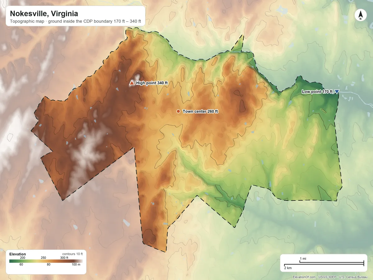 Topographic elevation map of Nokesville, Virginia, shaded from 170 ft on the east side to 340 ft on the northwest side