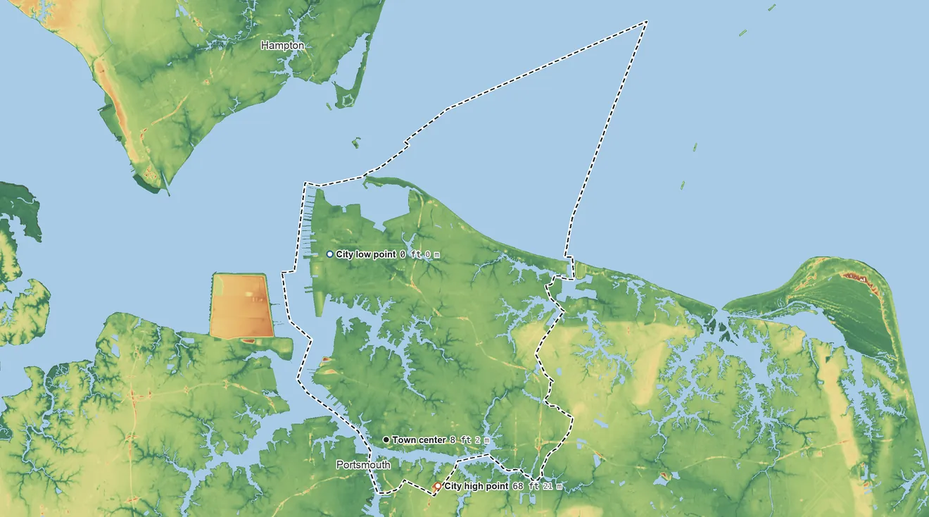Topographic elevation map of Norfolk, Virginia, shaded from sea level level on the Hampton Roads to 68 ft on the southeast side
