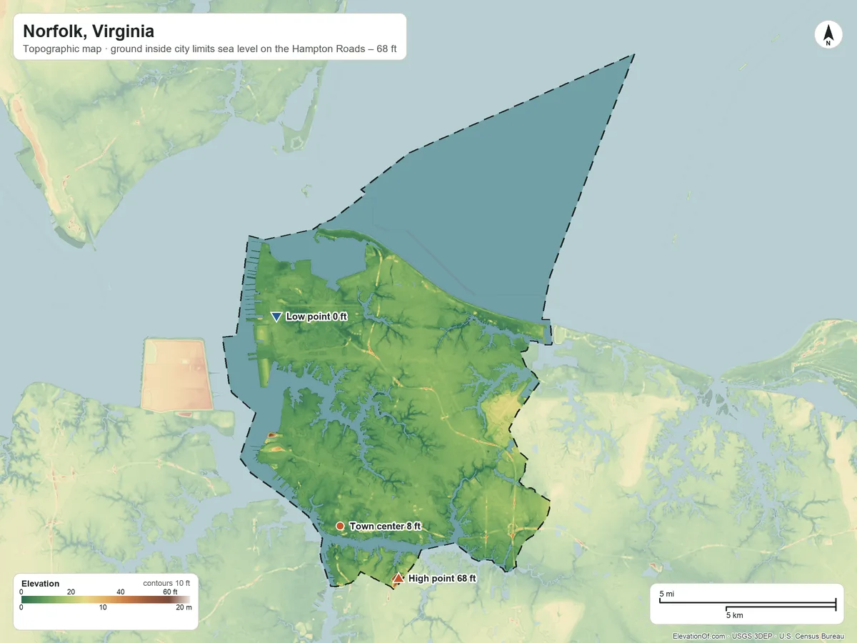 Topographic elevation map of Norfolk, Virginia, shaded from sea level level on the Hampton Roads to 68 ft on the southeast side