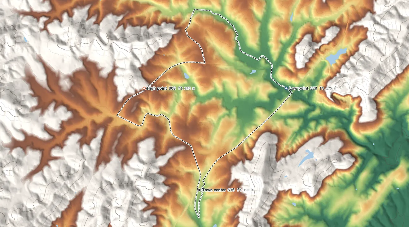 Topographic elevation map of North Garden, Virginia, shaded from 570 ft on the northeast side to 800 ft at the foot of the Ragged Mountains