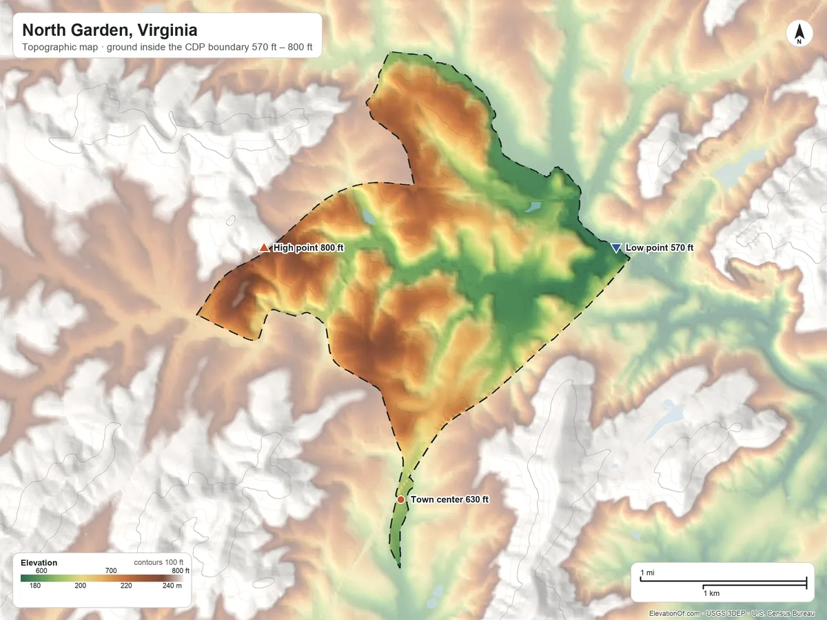Topographic elevation map of North Garden, Virginia, shaded from 570 ft on the northeast side to 800 ft at the foot of the Ragged Mountains