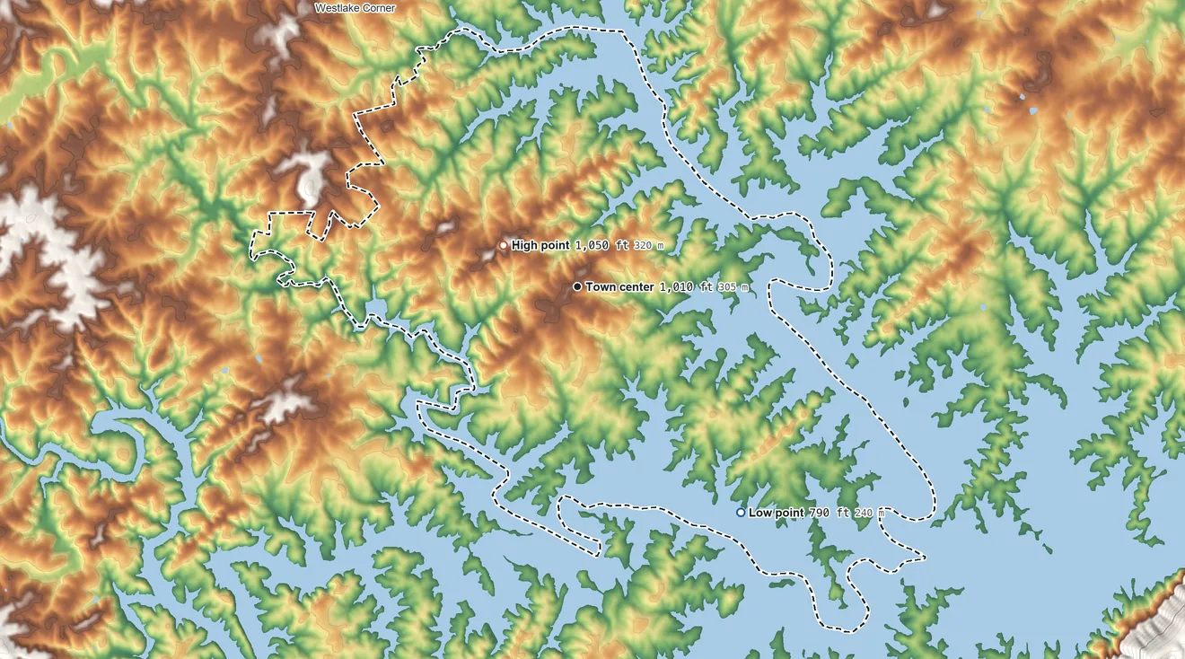 Topographic elevation map of North Shore, Virginia, shaded from 790 ft on the southeast side to 1,050 ft near the middle