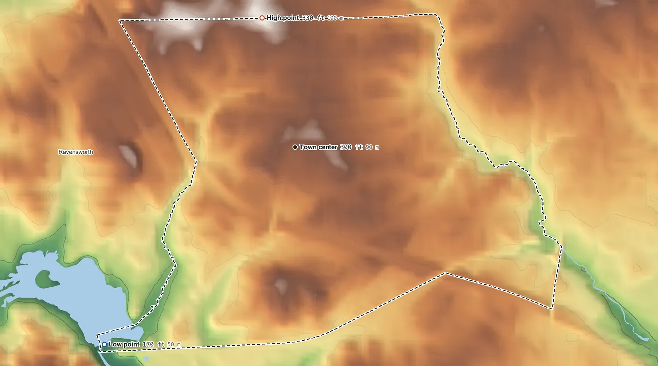 Topographic elevation map of North Springfield, Virginia, shaded from 170 ft on the southwest side to 330 ft on the north side