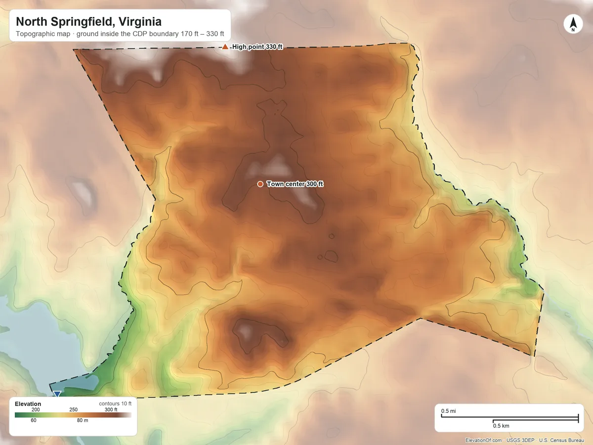 Topographic elevation map of North Springfield, Virginia, shaded from 170 ft on the southwest side to 330 ft on the north side