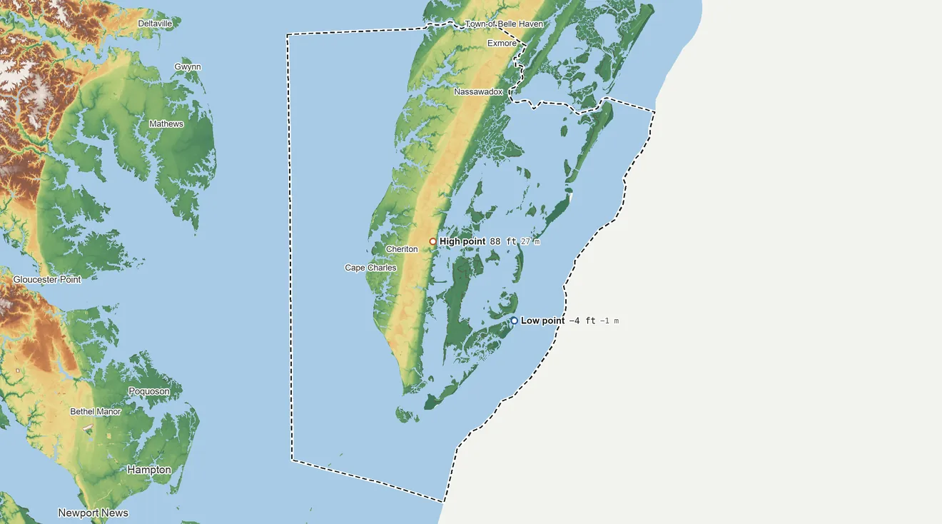 Topographic elevation map of Northampton County, Virginia, shaded from 4 ft below sea level on the southeast side to 88 ft near the middle