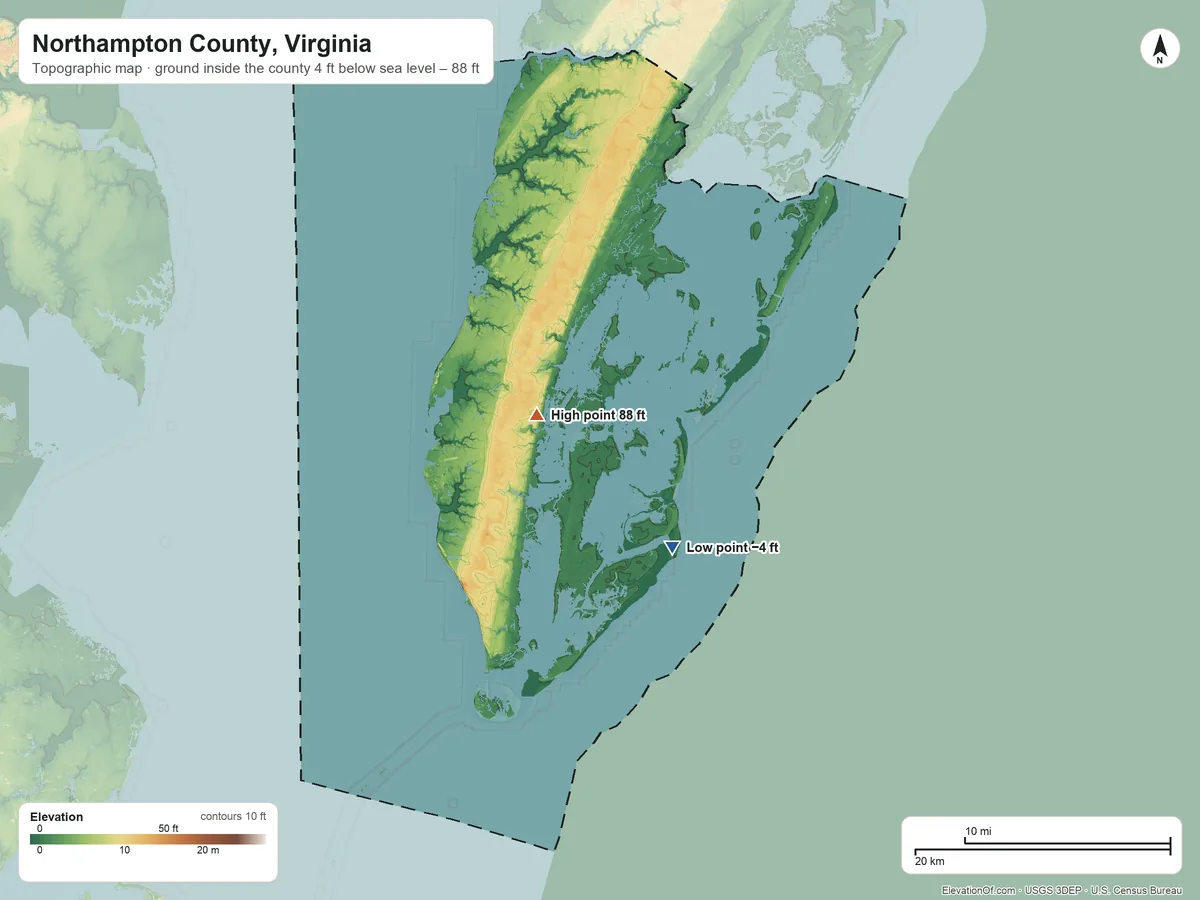 Topographic elevation map of Northampton County, Virginia, shaded from 4 ft below sea level on the southeast side to 88 ft near the middle