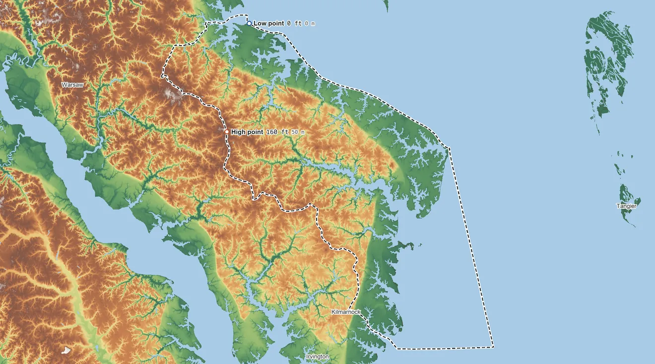 Topographic elevation map of Northumberland County, Virginia, shaded from sea level on Thicket Point Bay to 160 ft on the northwest side