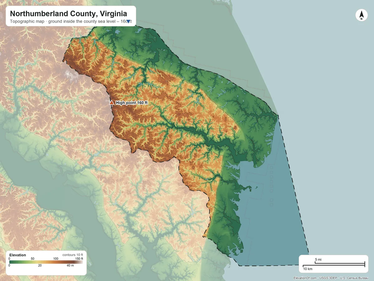 Topographic elevation map of Northumberland County, Virginia, shaded from sea level on Thicket Point Bay to 160 ft on the northwest side