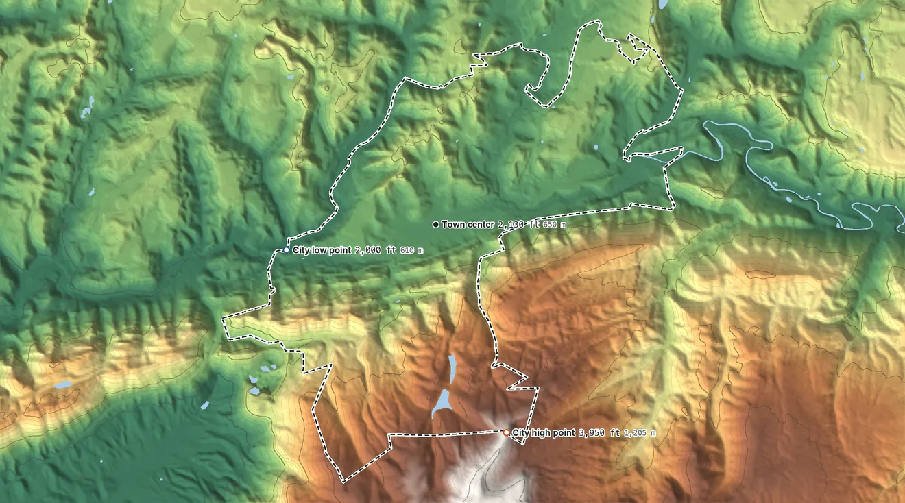 Topographic elevation map of Norton, Virginia, shaded from 2,000 ft on the west side to 3,950 ft on the south side
