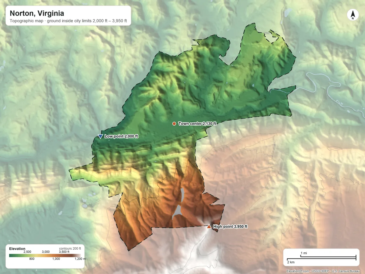 Topographic elevation map of Norton, Virginia, shaded from 2,000 ft on the west side to 3,950 ft on the south side