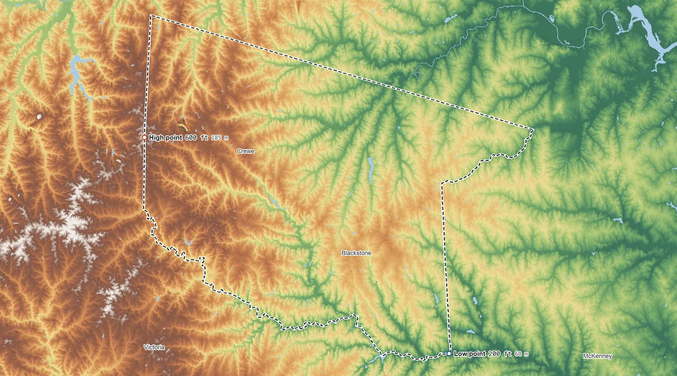 Topographic elevation map of Nottoway County, Virginia, shaded from 200 ft on the southeast side to 600 ft on the west side