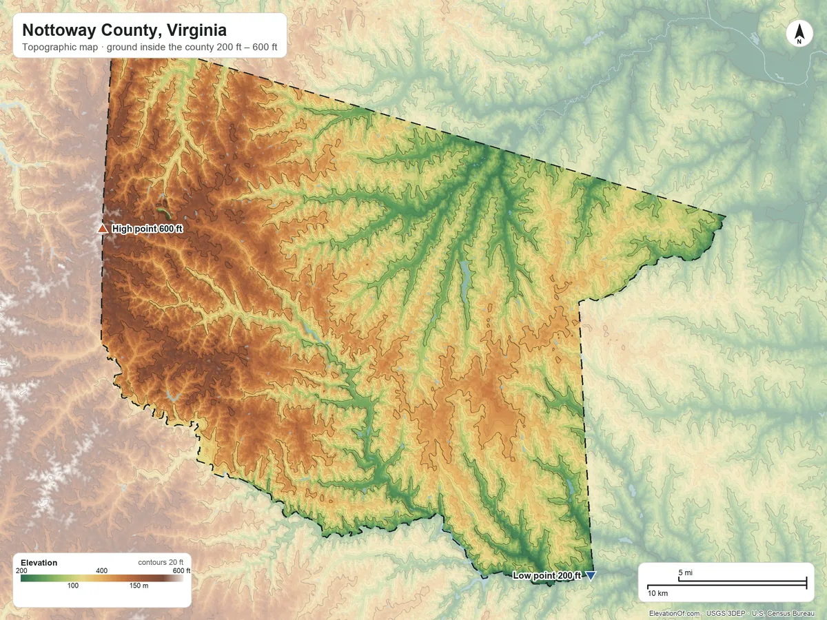 Topographic elevation map of Nottoway County, Virginia, shaded from 200 ft on the southeast side to 600 ft on the west side