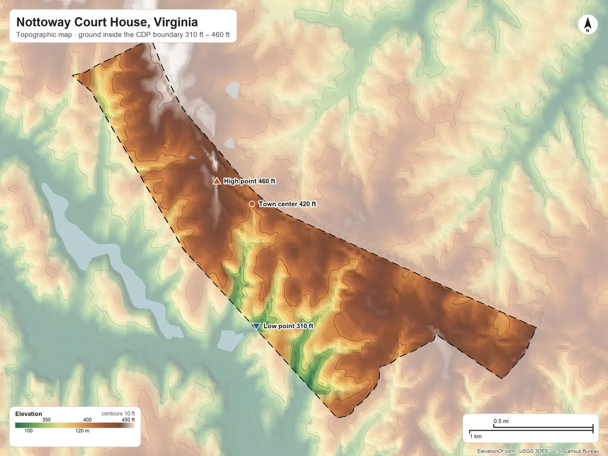Topographic elevation map of Nottoway Court House, Virginia, shaded from 310 ft on the south side to 460 ft near the middle