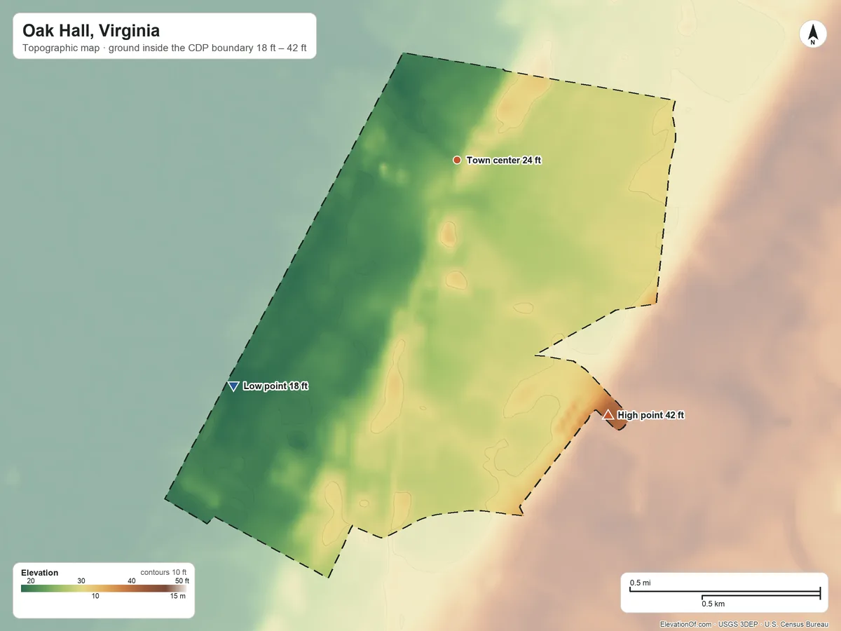 Topographic elevation map of Oak Hall, Virginia, shaded from 18 ft on the southwest side to 42 ft on the southeast side
