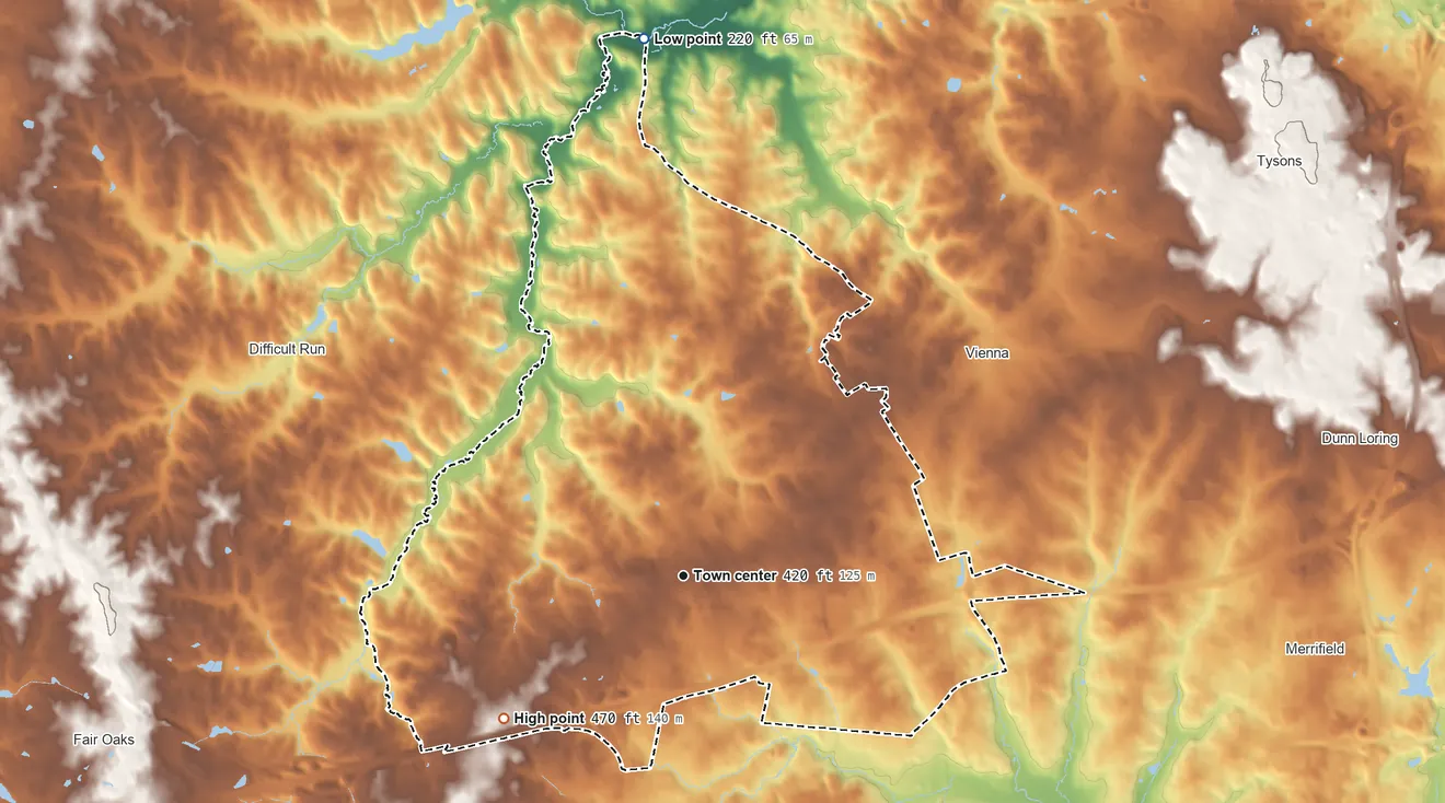 Topographic elevation map of Oakton, Virginia, shaded from 220 ft on the north side to 470 ft on the southwest side