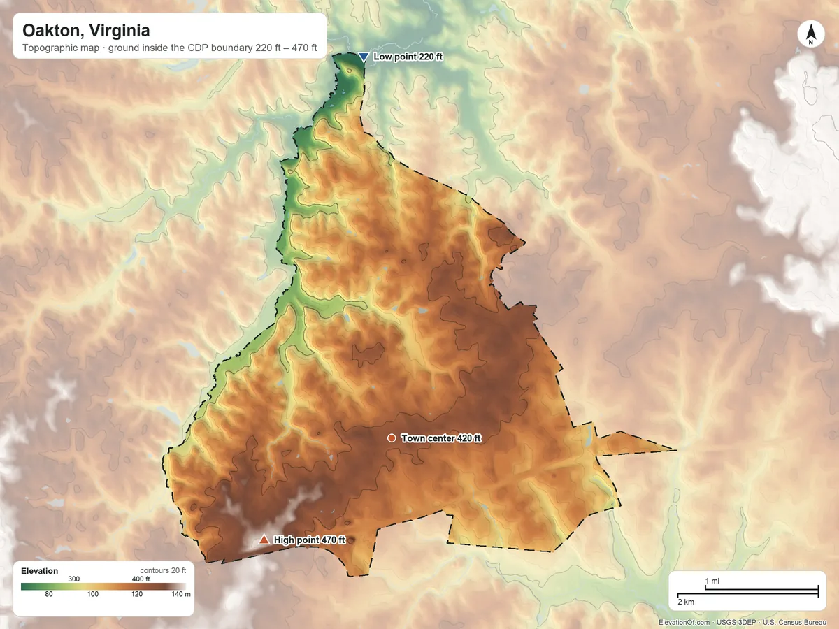 Topographic elevation map of Oakton, Virginia, shaded from 220 ft on the north side to 470 ft on the southwest side