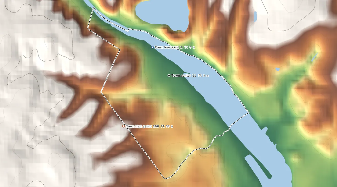 Topographic elevation map of Occoquan, Virginia, shaded from 1 ft on the northwest side to 160 ft on the southwest side