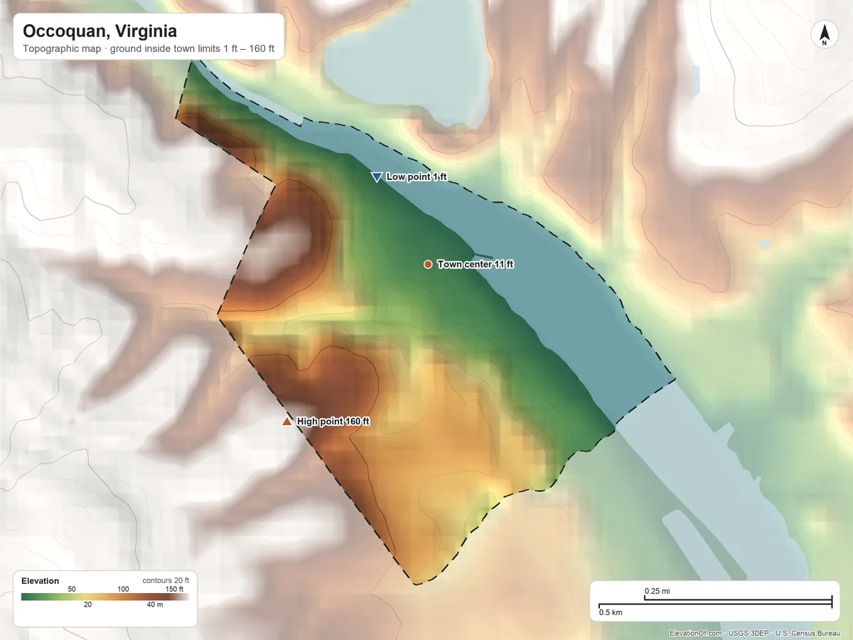 Topographic elevation map of Occoquan, Virginia, shaded from 1 ft on the northwest side to 160 ft on the southwest side