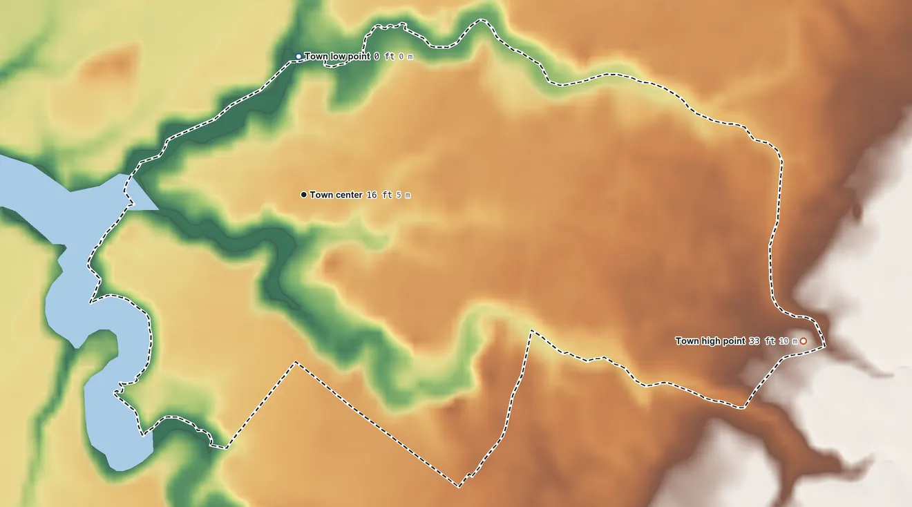 Topographic elevation map of Onancock, Virginia, shaded from sea level level on Chesapeake Bay to 33 ft on the east side