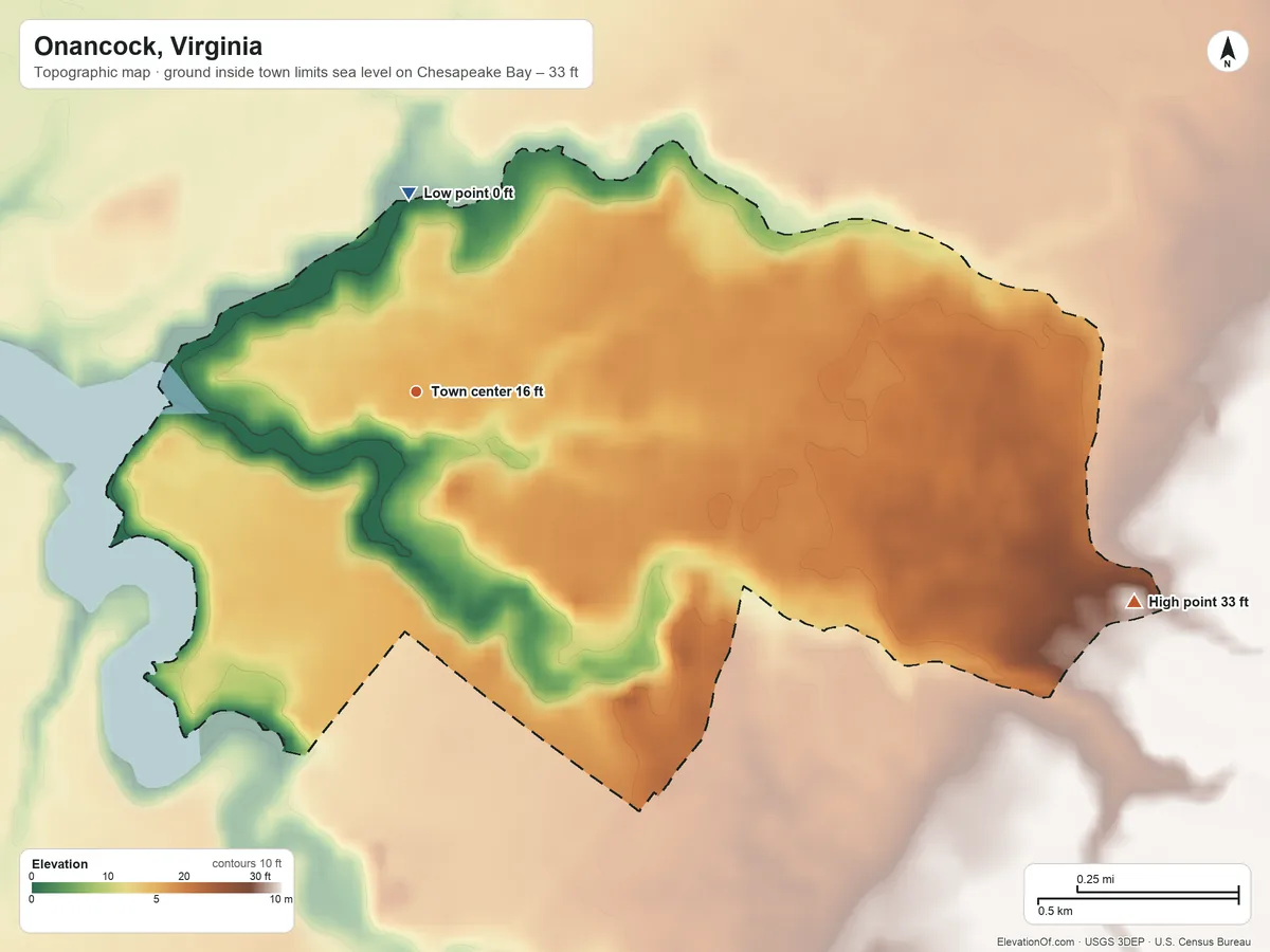 Topographic elevation map of Onancock, Virginia, shaded from sea level level on Chesapeake Bay to 33 ft on the east side