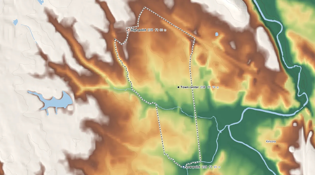 Topographic elevation map of One Loudoun, Virginia, shaded from 210 ft on the south side to 270 ft on the northwest side