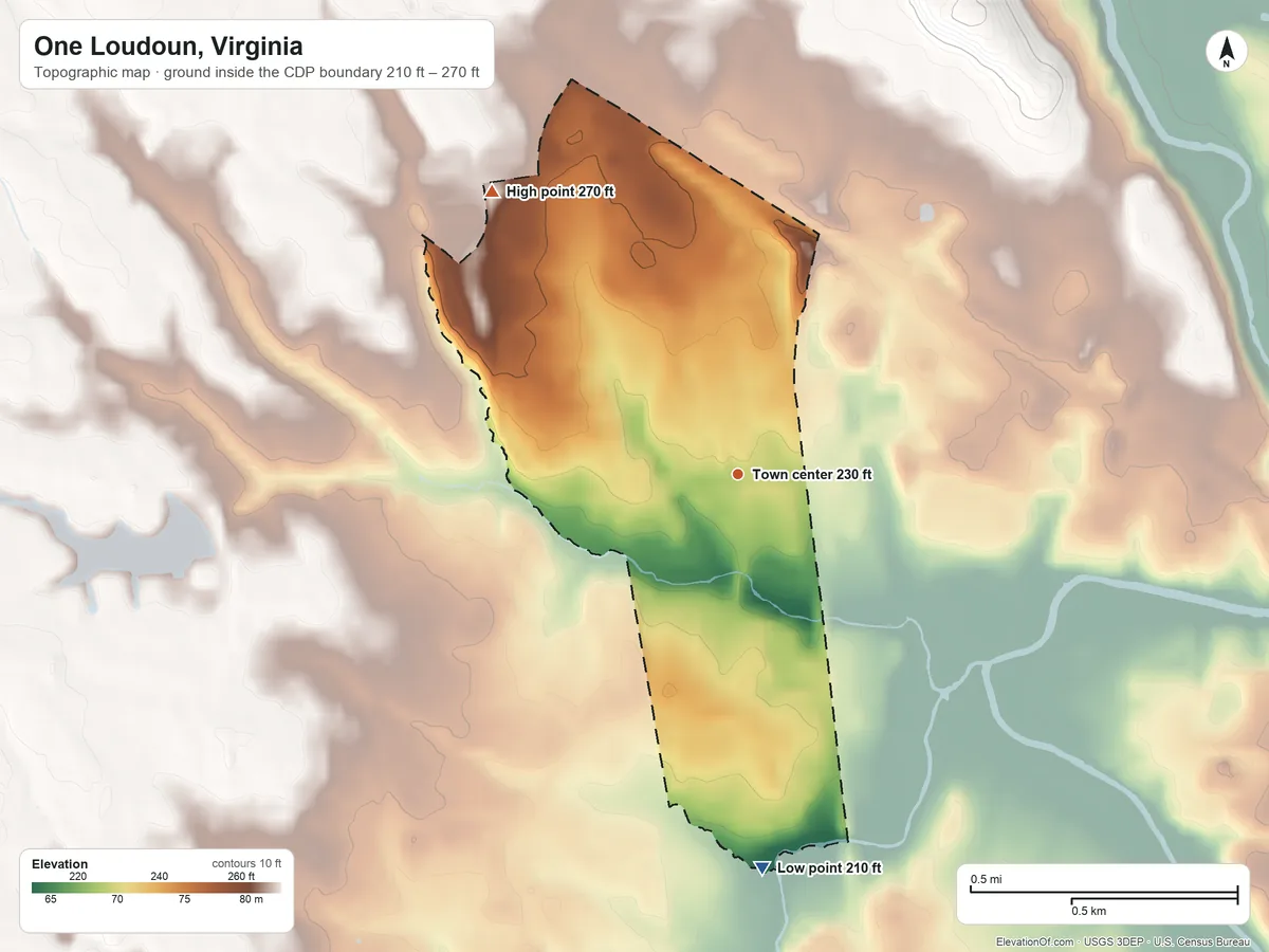 Topographic elevation map of One Loudoun, Virginia, shaded from 210 ft on the south side to 270 ft on the northwest side