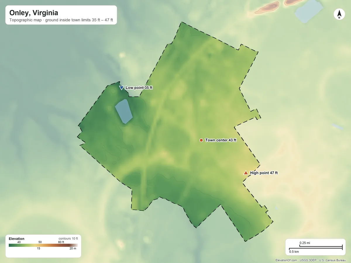 Topographic elevation map of Onley, Virginia, shaded from 35 ft on the northwest side to 47 ft on the southeast side