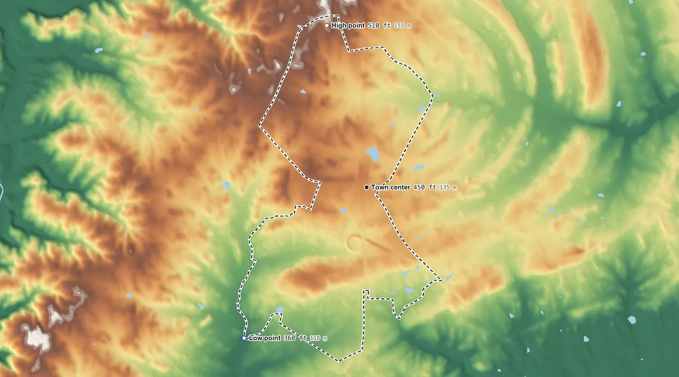 Topographic elevation map of Opal, Virginia, shaded from 360 ft on the southwest side to 510 ft on the north side
