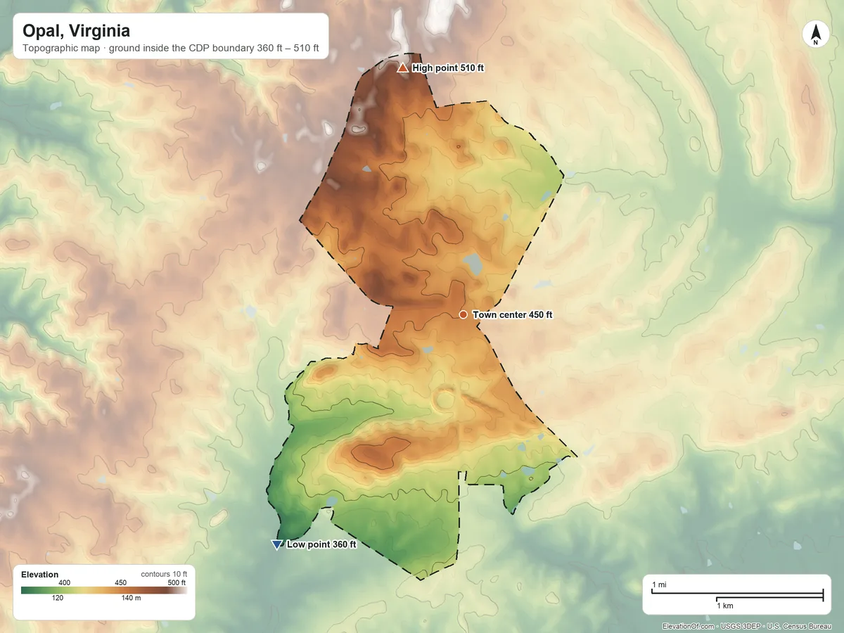 Topographic elevation map of Opal, Virginia, shaded from 360 ft on the southwest side to 510 ft on the north side