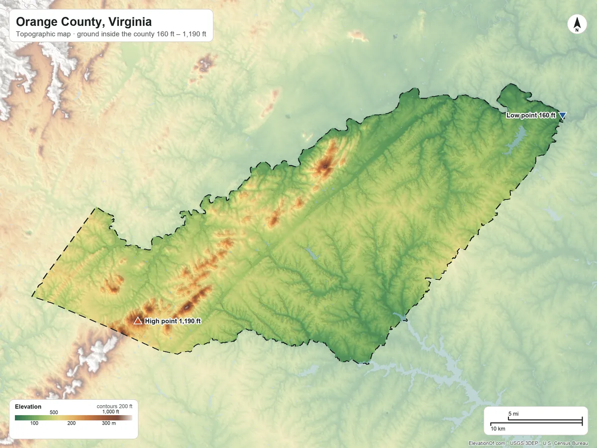 Topographic elevation map of Orange County, Virginia, shaded from 160 ft on the northeast side to 1,190 ft on Cowherd Mountain