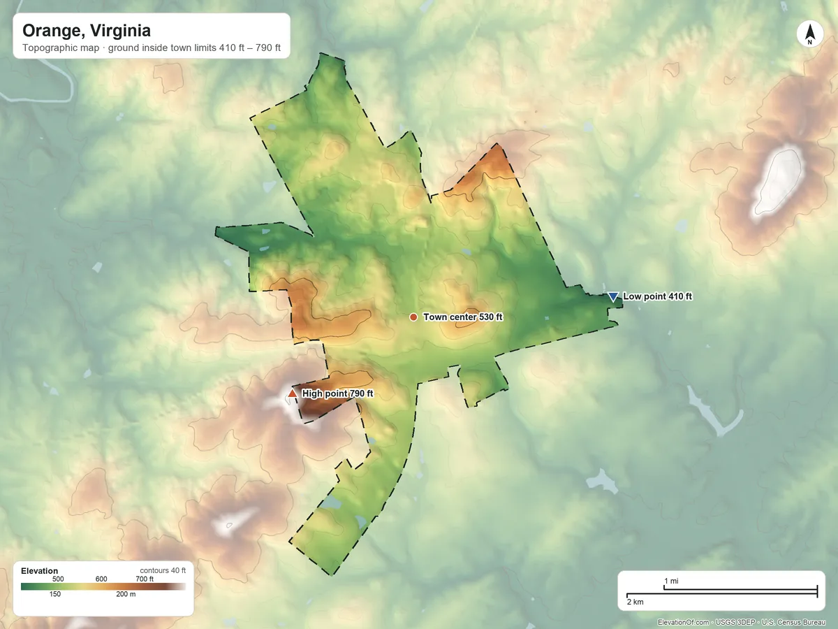 Topographic elevation map of Orange, Virginia, shaded from 410 ft on the east side to 790 ft on the southwest side
