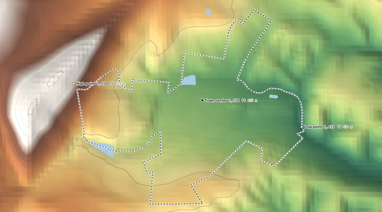 Topographic elevation map of Orkney Springs, Virginia, shaded from 1,410 ft on the east side to 1,890 ft on the west edge, below higher ground just outside