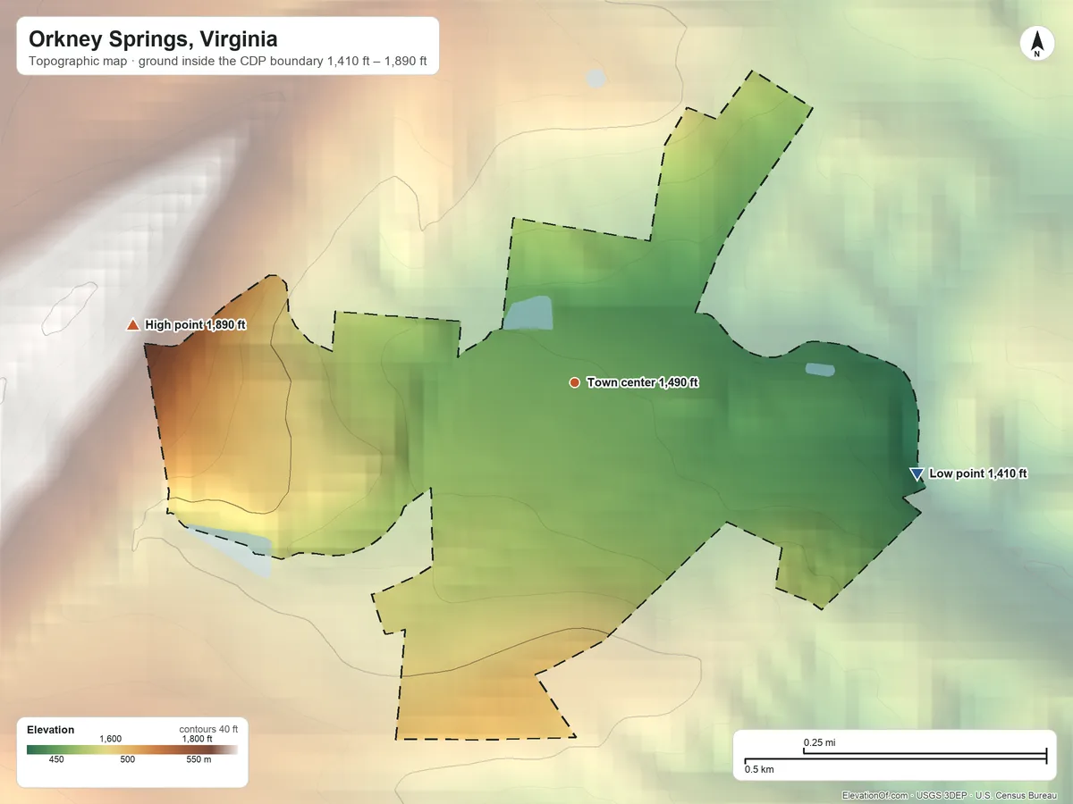 Topographic elevation map of Orkney Springs, Virginia, shaded from 1,410 ft on the east side to 1,890 ft on the west edge, below higher ground just outside
