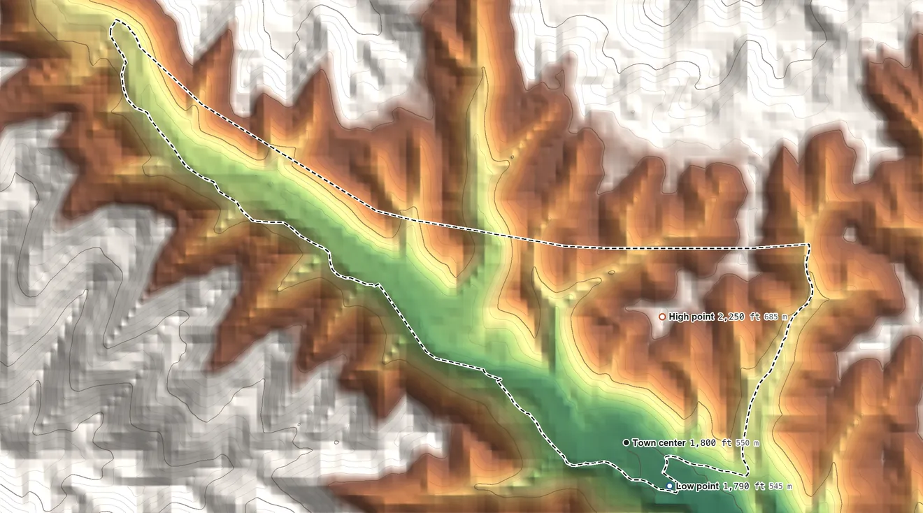 Topographic elevation map of Osaka, Virginia, shaded from 1,790 ft near the middle to 2,250 ft on the north edge, below higher ground just outside