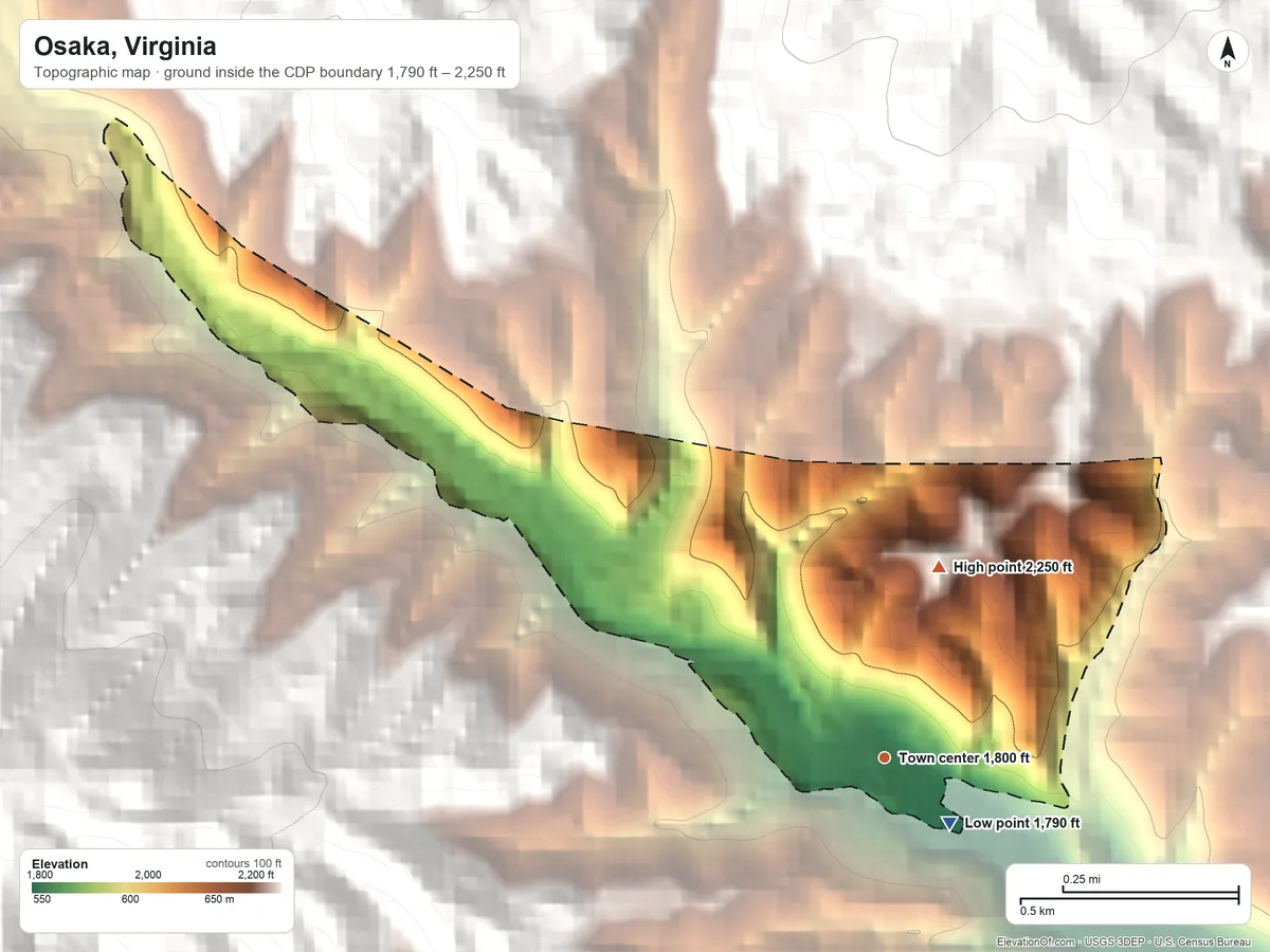 Topographic elevation map of Osaka, Virginia, shaded from 1,790 ft near the middle to 2,250 ft on the north edge, below higher ground just outside