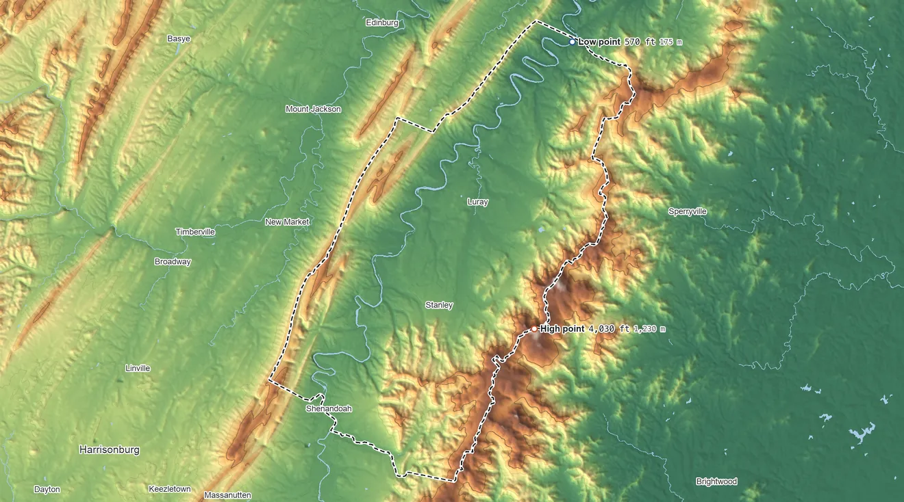 Topographic elevation map of Page County, Virginia, shaded from 570 ft on the northeast side to 4,030 ft on Hawksbill