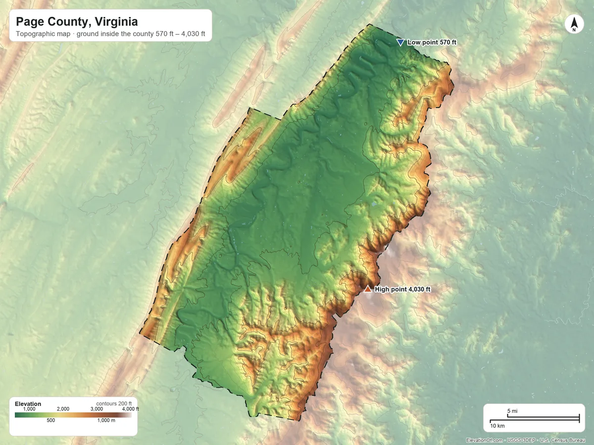 Topographic elevation map of Page County, Virginia, shaded from 570 ft on the northeast side to 4,030 ft on Hawksbill