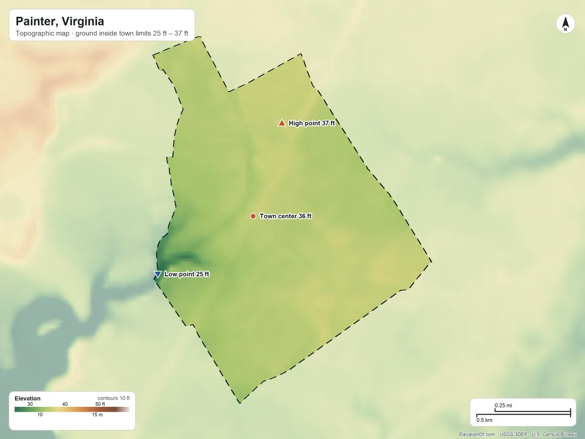Topographic elevation map of Painter, Virginia, shaded from 25 ft on the southwest side to 37 ft on the north side