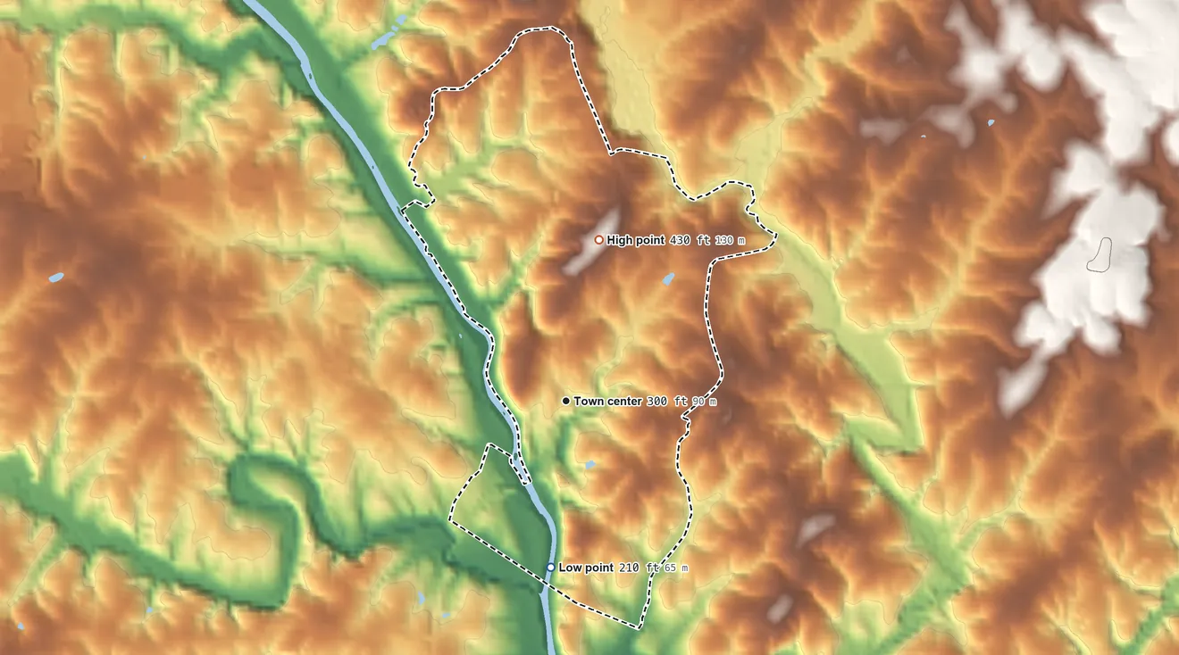 Topographic elevation map of Palmyra, Virginia, shaded from 210 ft on the south side to 430 ft on the north side