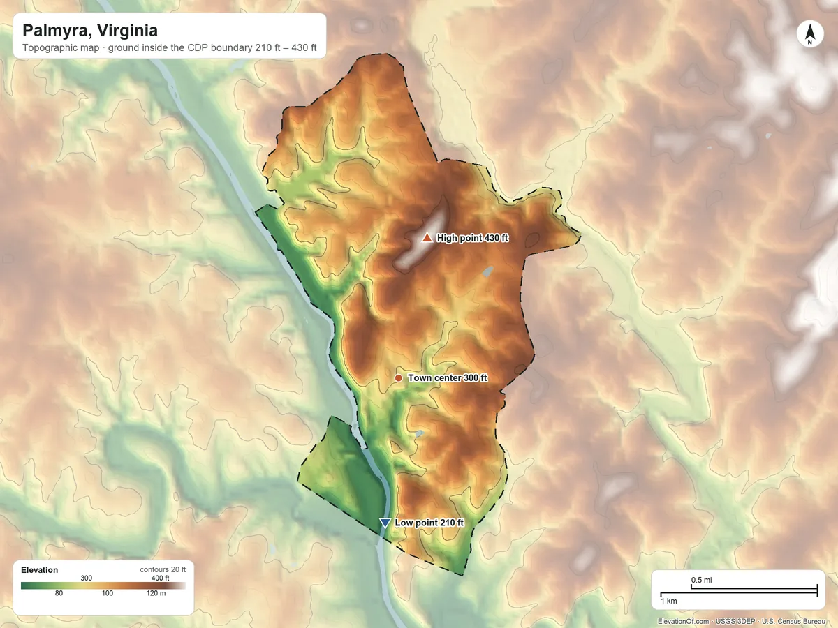 Topographic elevation map of Palmyra, Virginia, shaded from 210 ft on the south side to 430 ft on the north side