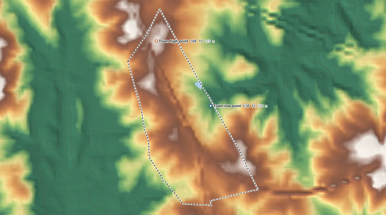 Topographic elevation map of Pamplin City, Virginia, shaded from 630 ft on the northeast side to 700 ft on the north side