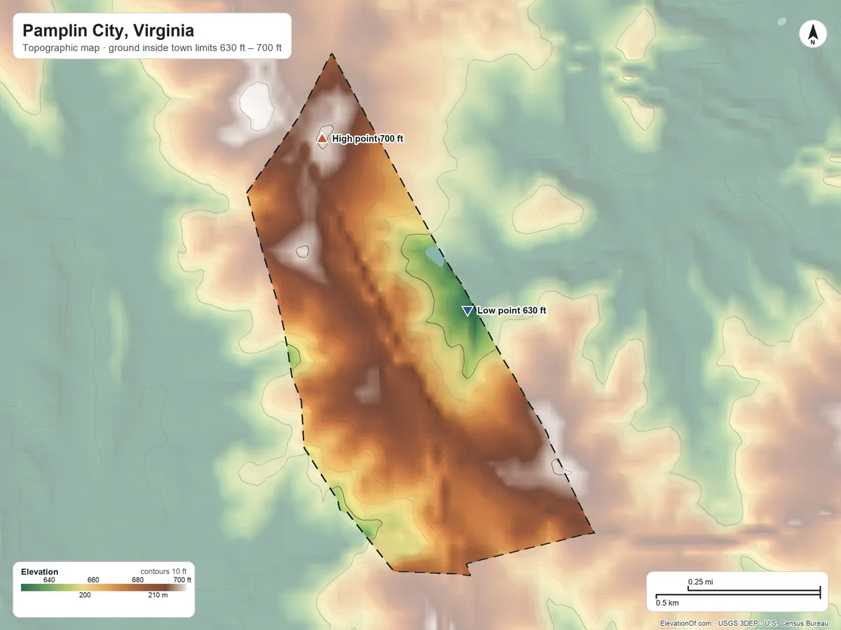 Topographic elevation map of Pamplin City, Virginia, shaded from 630 ft on the northeast side to 700 ft on the north side